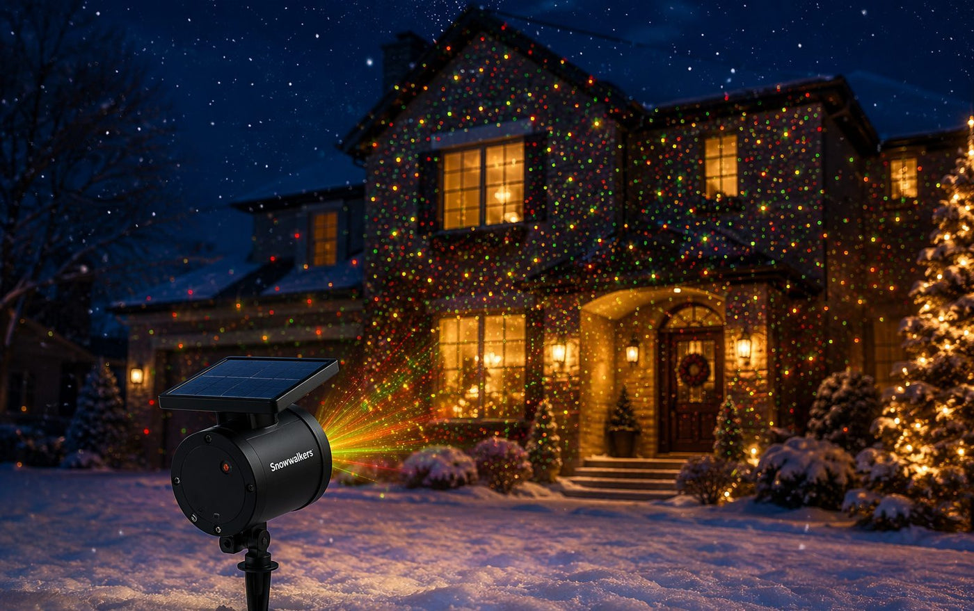 Aurora Projector 2.0 lighting a house with thousands of festive laser stars