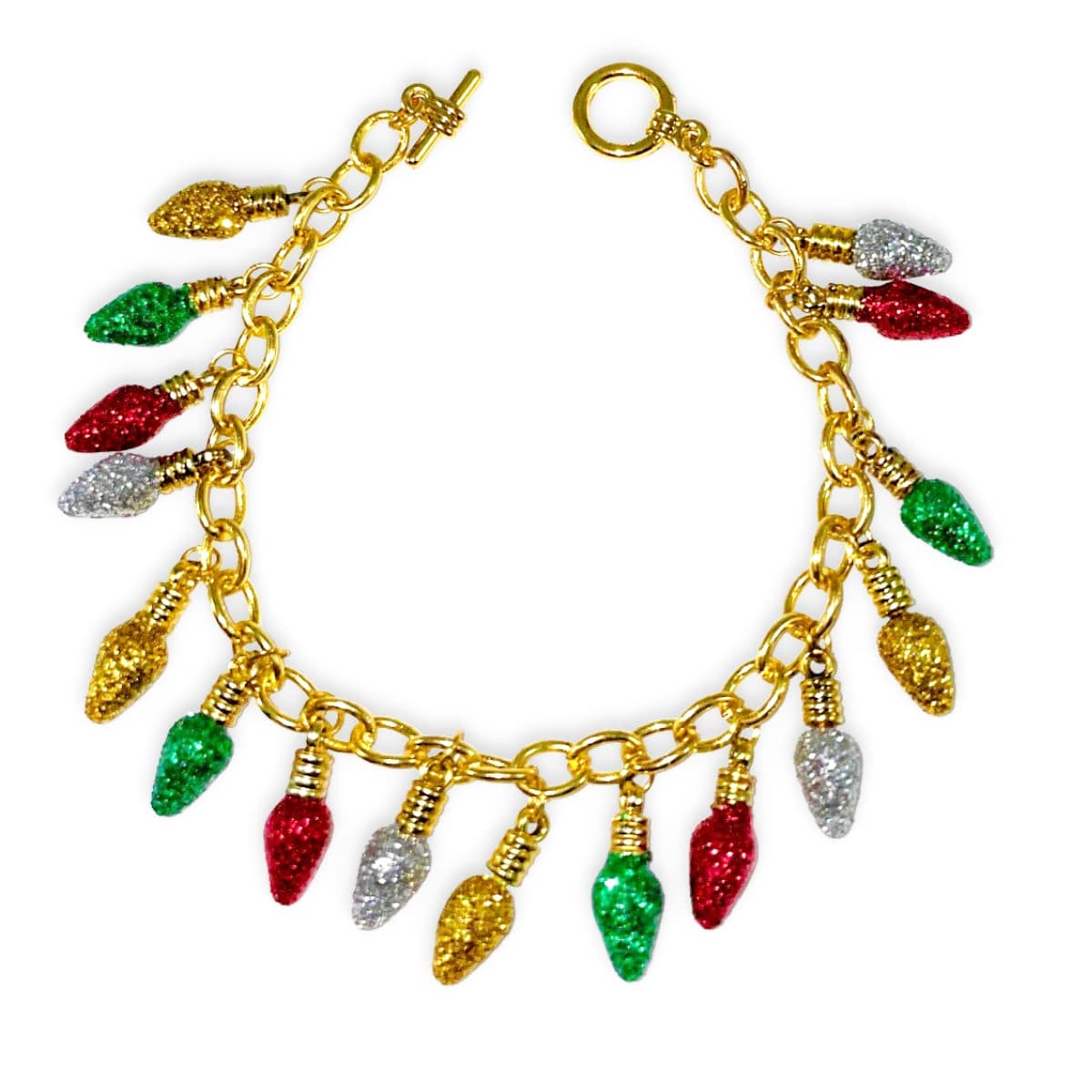 dainty gold bracelet with christmas light bulb charms covered in red, yellow, green & white glitter - Santaland