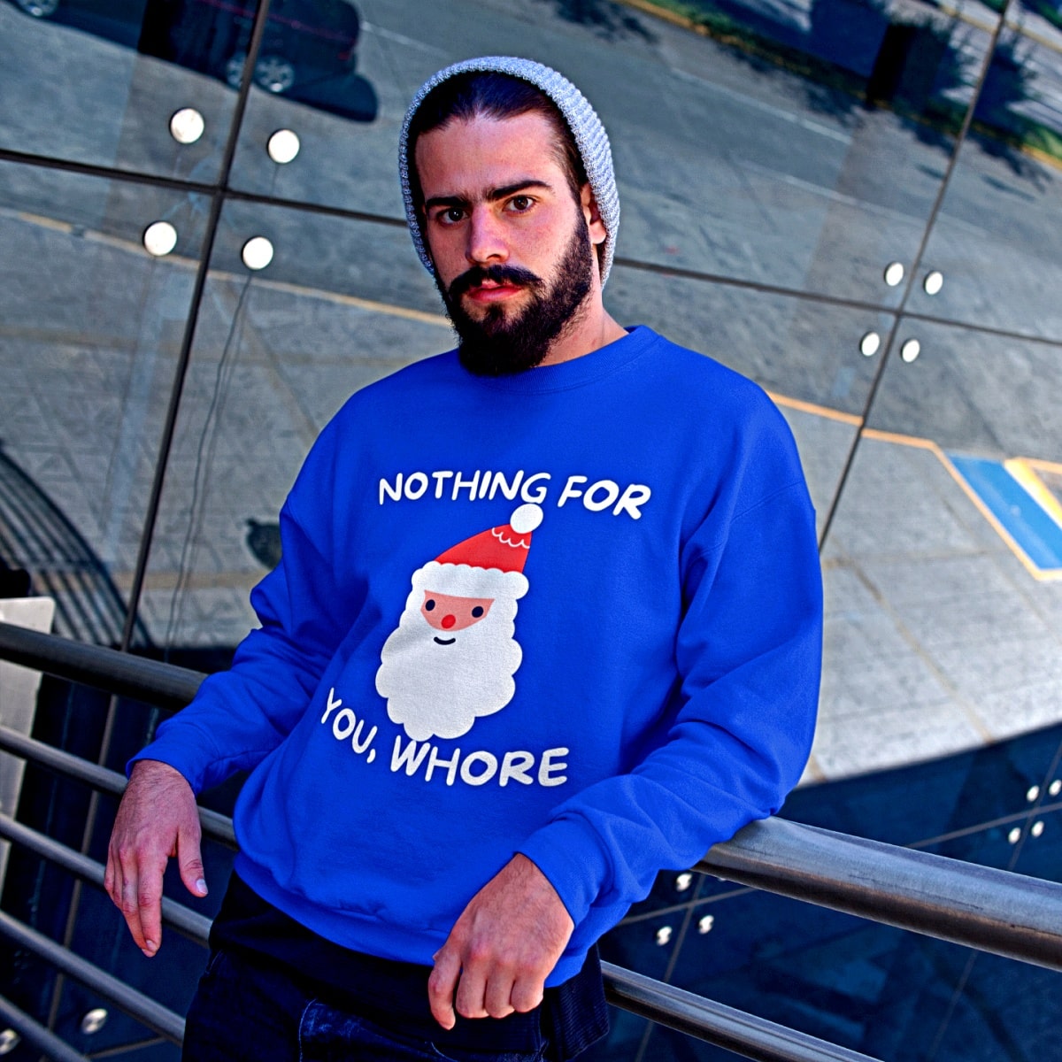 Funny Christmas Sweater, blue, That Reads "nothing for you, whore" With A Santa Claus Image In The Center