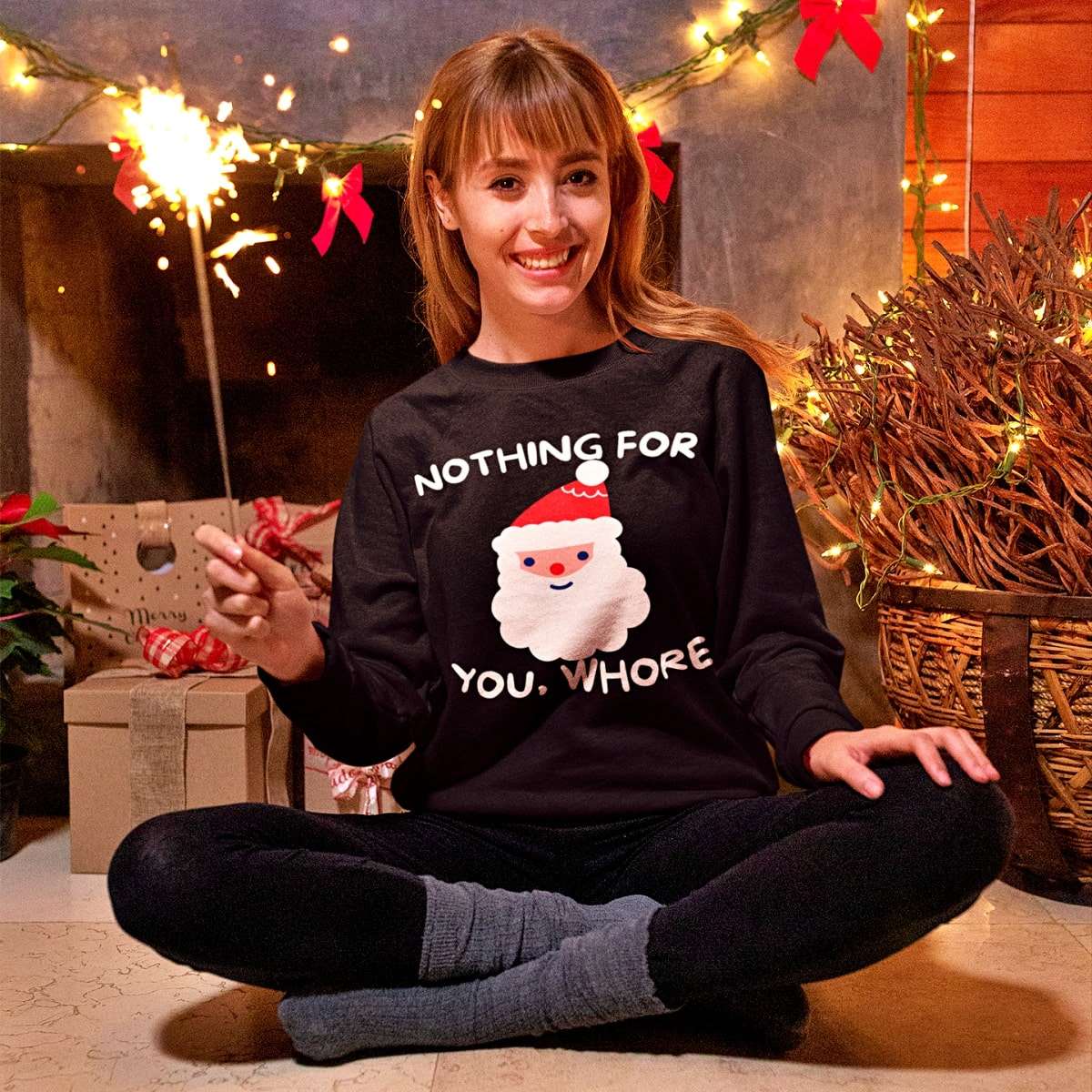 Nothing For You, Whore Funny Christmas Sweater, black - Santaland