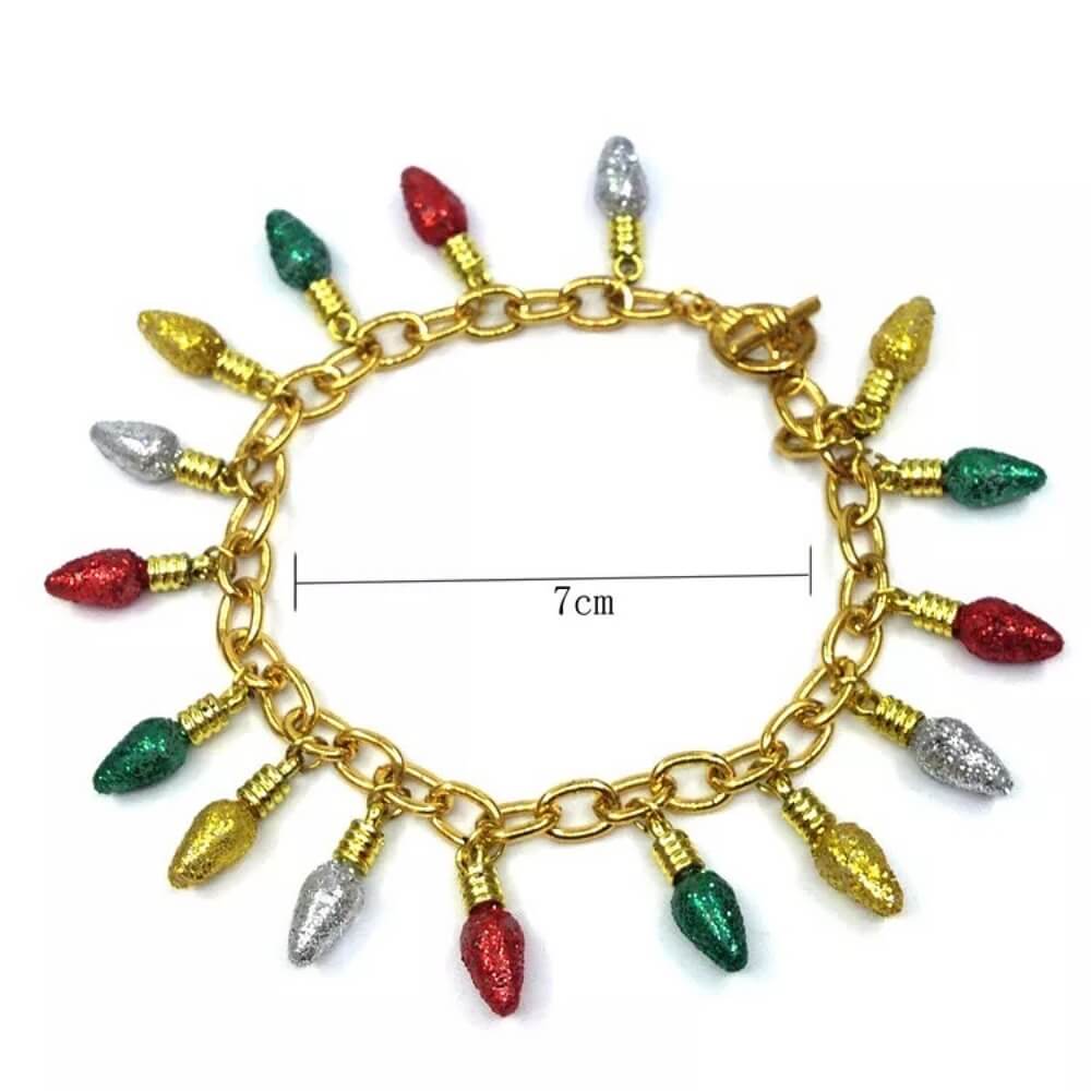 dainty gold bracelet with christmas light bulb charms covered in red, yellow, green & white glitter - Santaland